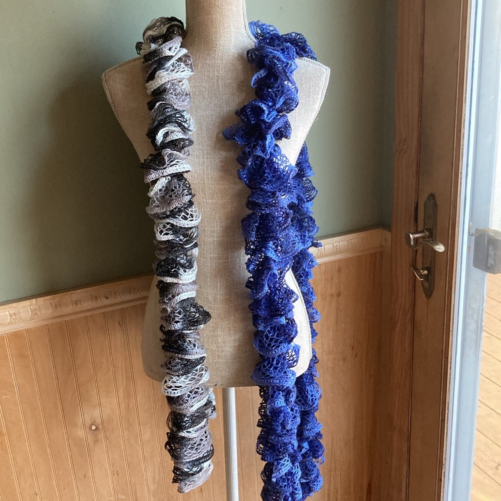 Handmade blue spiral scarf & black/white/gray spiral scarf -set of 2